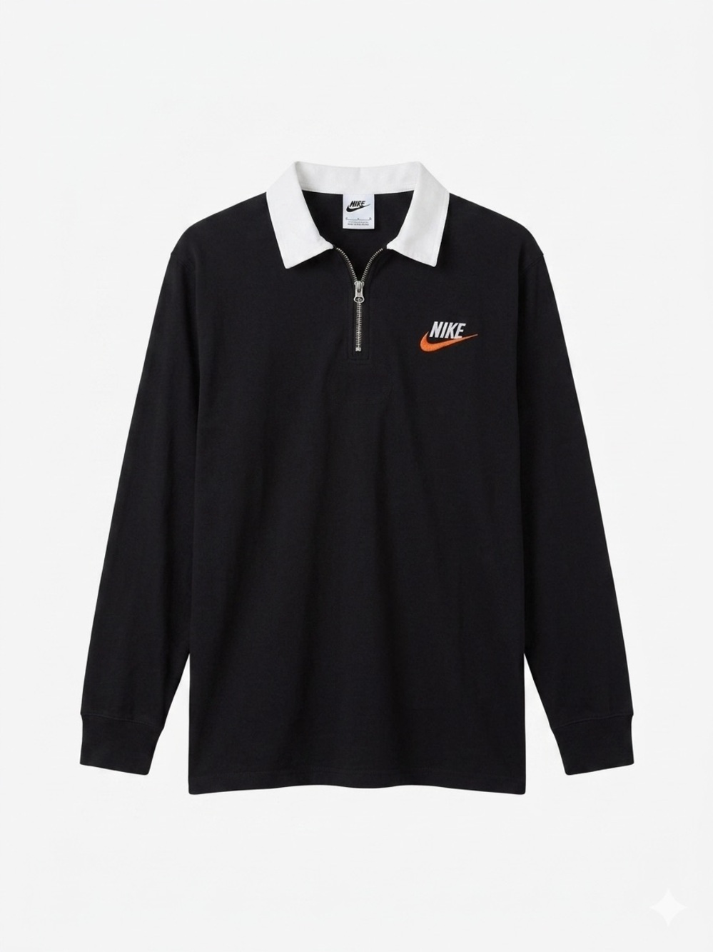 Nike Black Long Sleeve Polo with White Collar and Orange Swoosh Logo